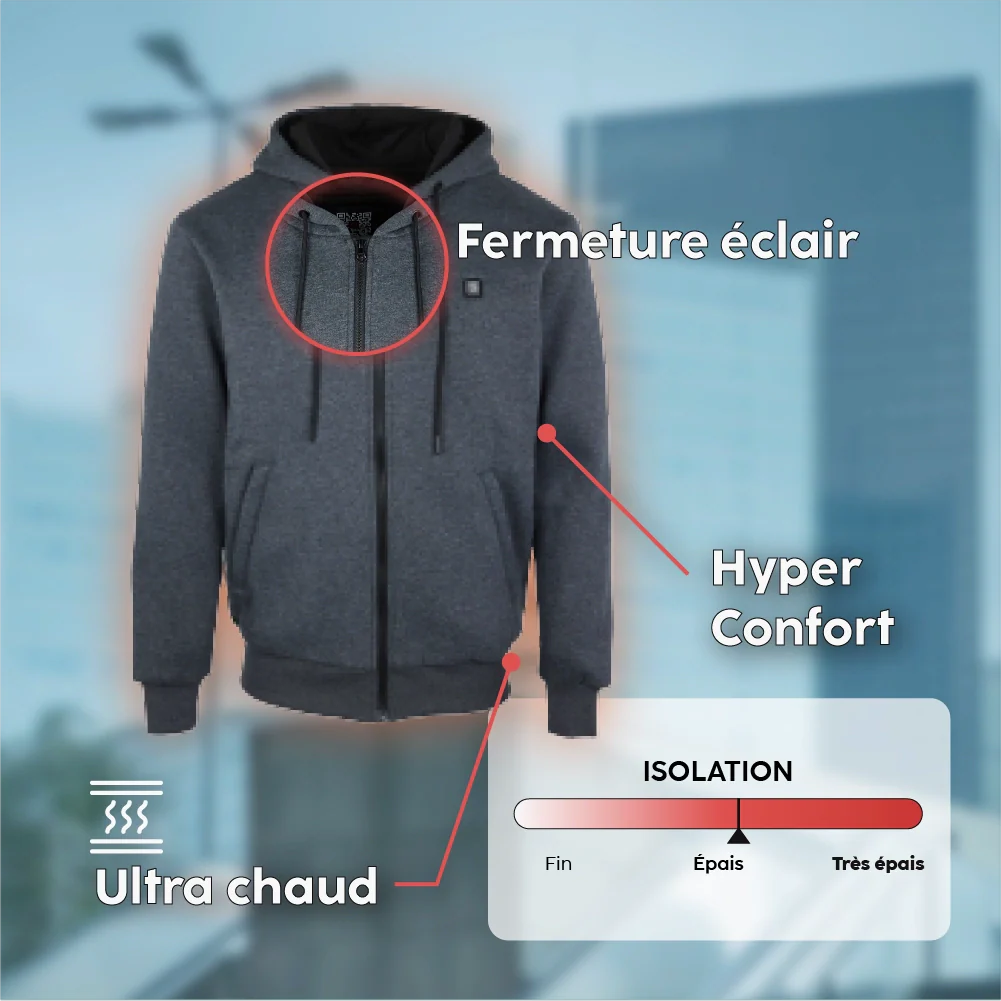 Heated zipped hoodie with eco-designed battery